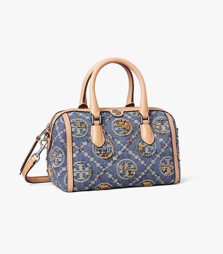 Tory Burch designer crossbody bags T Monogram Denim Embellished Petite Barrel Bag in Deep Royal angle