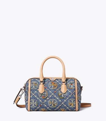 Tory Burch designer crossbody bags T Monogram Denim Embellished Petite Barrel Bag in Deep Royal front