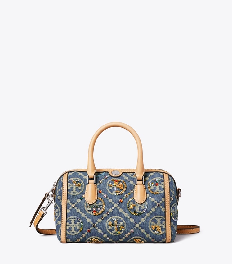 Tory Burch T Monogram Denim Embellished Petite Barrel Bag