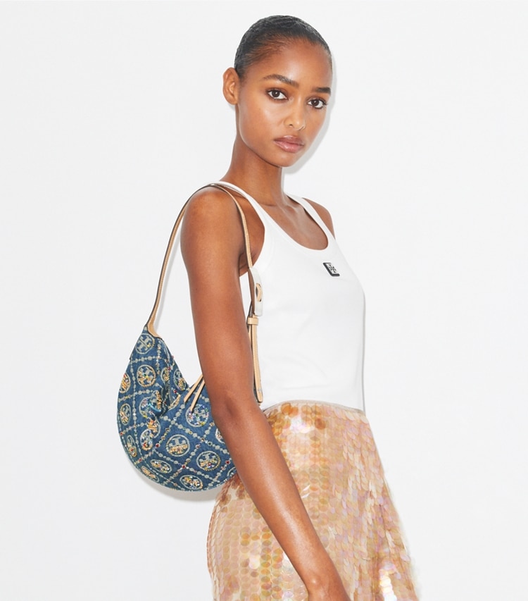 Tory Burch designer shoulder bags T Monogram Denim Embellished Small Balloon Bag in Boat House accessory on model