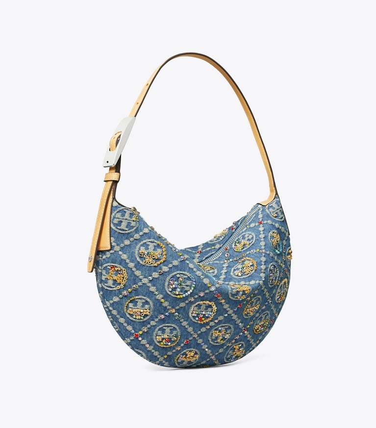 Tory Burch designer shoulder bags T Monogram Denim Embellished Small Balloon Bag in Boat House angle