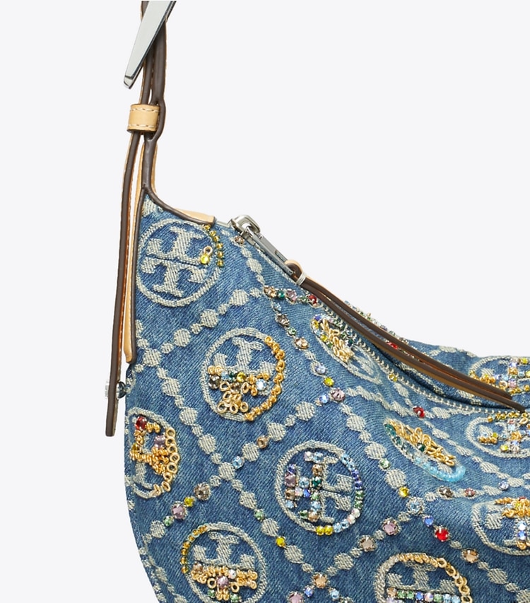 Tory Burch designer shoulder bags T Monogram Denim Embellished Small Balloon Bag in Boat House detail