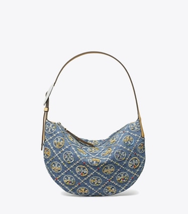 Tory Burch designer shoulder bags T Monogram Denim Embellished Small Balloon Bag in Boat House front