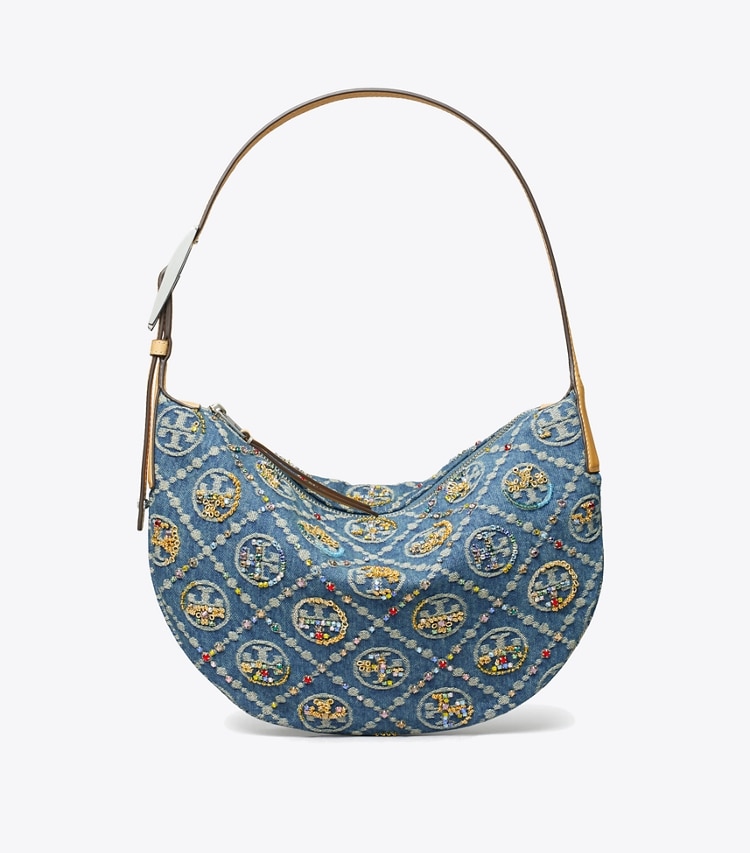 Tory Burch designer shoulder bags T Monogram Denim Embellished Small Balloon Bag in Boat House front
