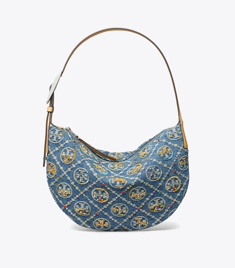 Tory Burch designer shoulder bags T Monogram Denim Embellished Small Balloon Bag in Boat House angle