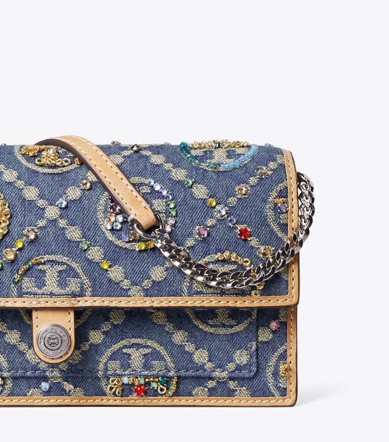 Tory Burch designer crossbody bags T Monogram Denim Embellished Wallet Crossbody in Deep Royal detail
