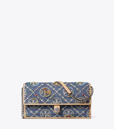 Tory Burch designer crossbody bags T Monogram Denim Embellished Wallet Crossbody in Deep Royal front
