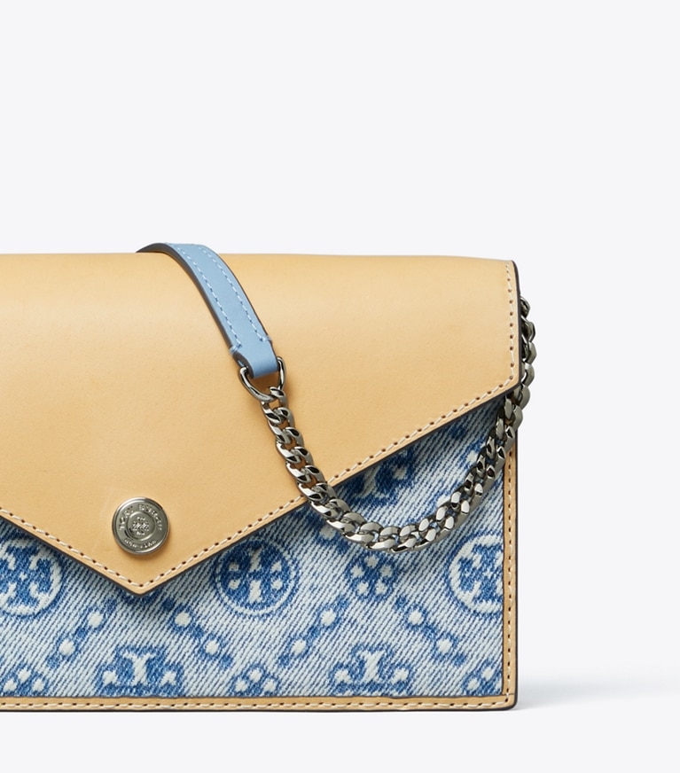 Tory Burch designer mini bags T Monogram Denim Envelope Crossbody in Seltzer angle