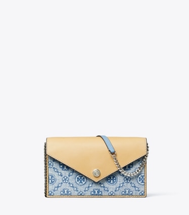 Tory Burch designer mini bags T Monogram Denim Envelope Crossbody in Seltzer front