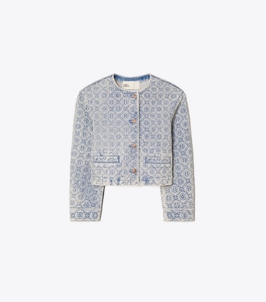 Tory Burch designer ジャケット Tモノグラム デニム ジャケット in Bleached Wash T Monogram front