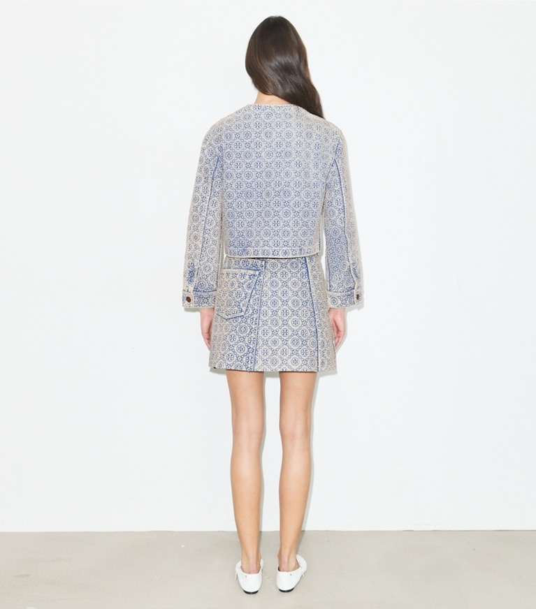 Tory Burch designer jackets T Monogram Denim Jacket in Bleached Wash T Monogram on model back