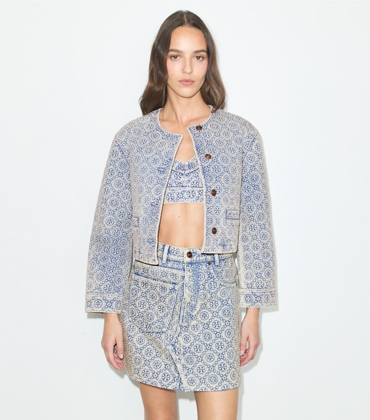 Tory Burch designer jackets T Monogram Denim Jacket in Bleached Wash T Monogram on model detail