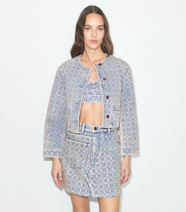 Tory Burch designer jackets T Monogram Denim Jacket in Bleached Wash T Monogram on model detail
