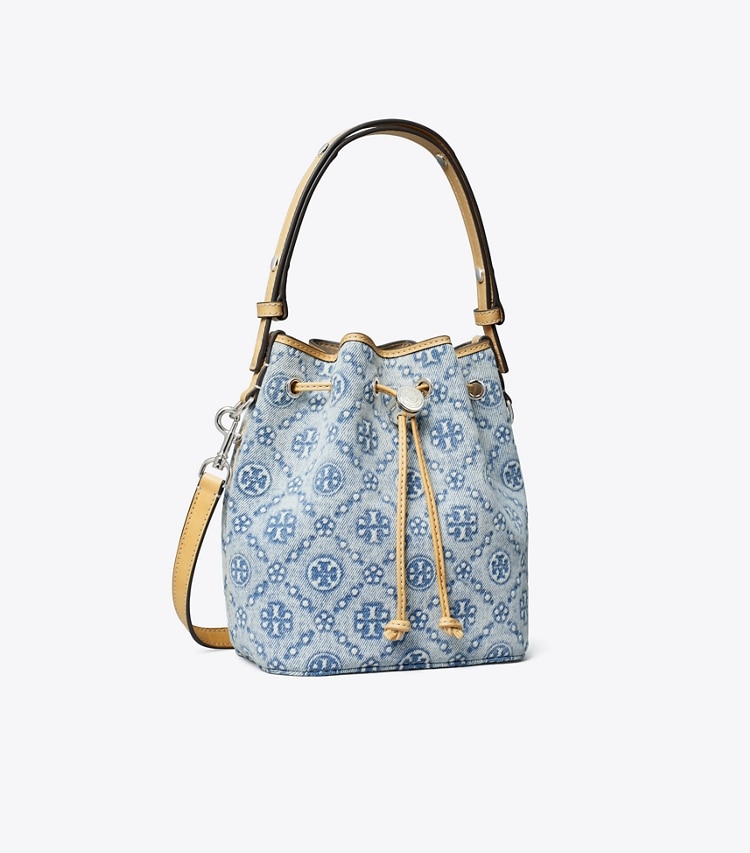 Tory Burch designer crossbody bags T Monogram Denim Mini Bucket Bag in Powder Blue angle