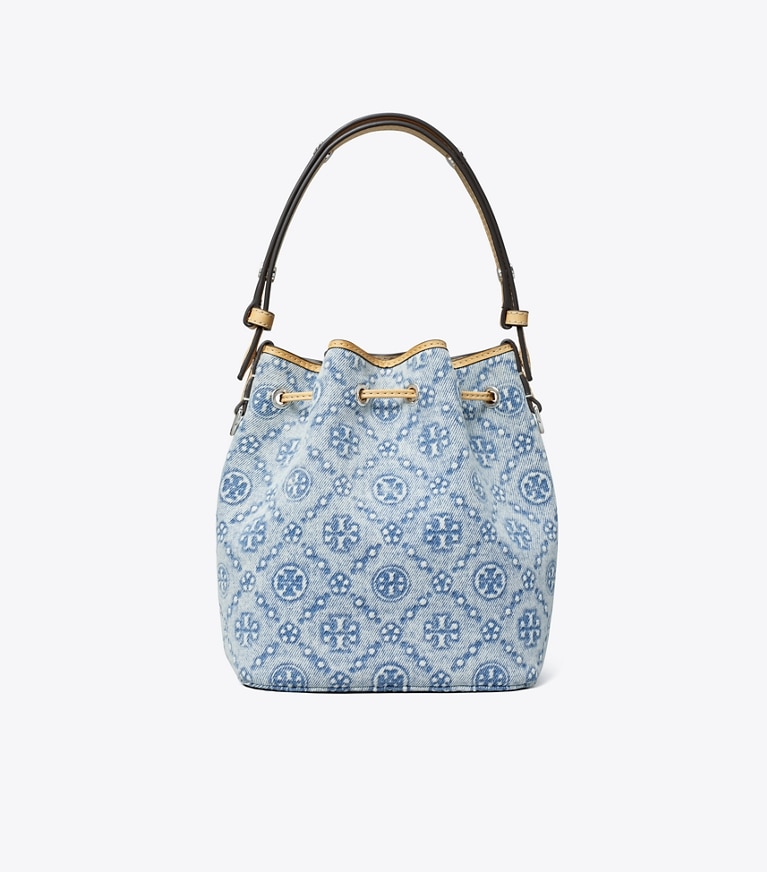 Tory Burch designer crossbody bags T Monogram Denim Mini Bucket Bag in Powder Blue angle