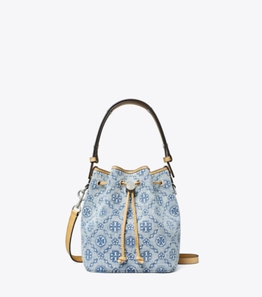 Tory Burch designer crossbody bags T Monogram Denim Mini Bucket Bag in Powder Blue front