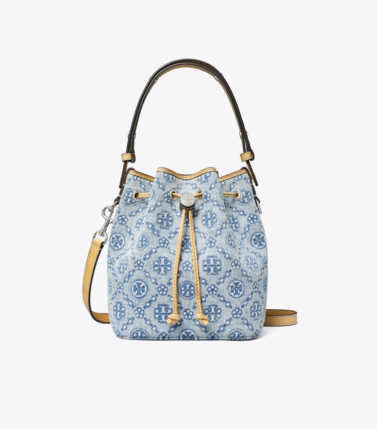 Tory Burch designer crossbody bags T Monogram Denim Mini Bucket Bag in Powder Blue front