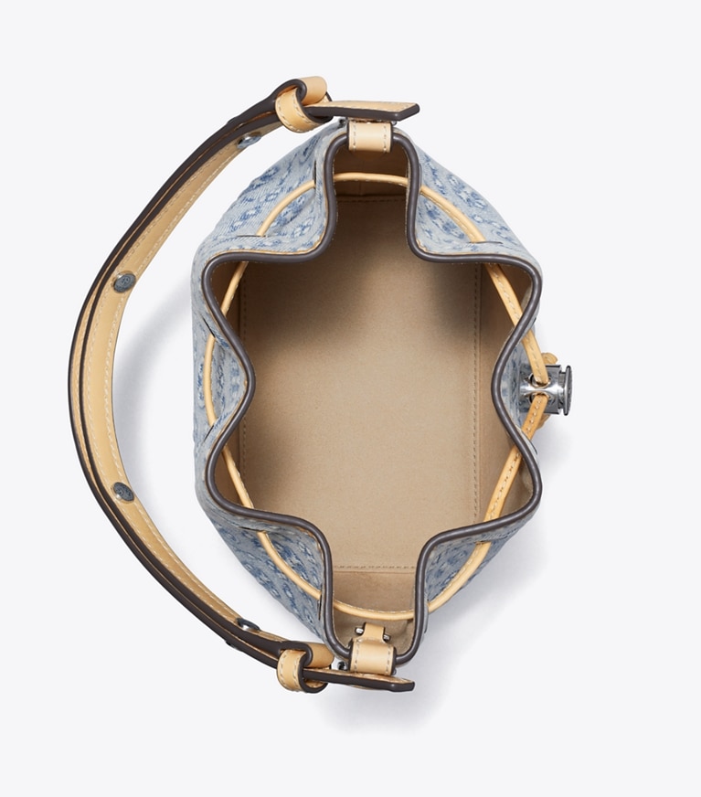 Tory Burch designer crossbody bags T Monogram Denim Mini Bucket Bag in Powder Blue angle
