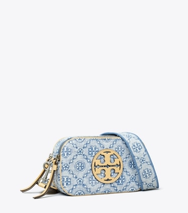 Tory Burch designer クロスボディバッグ Tモノグラム ミラー デニム ミニクロスボディバッグ in Powder Blue angle