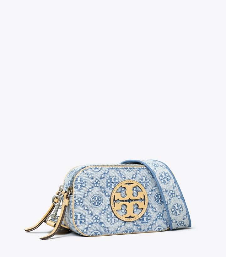 Tory Burch designer クロスボディバッグ Tモノグラム ミラー デニム ミニクロスボディバッグ in Powder Blue angle