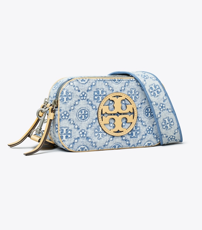 Tory Burch designer crossbody bags T Monogram Denim Mini Miller Crossbody Bag in Powder Blue angle