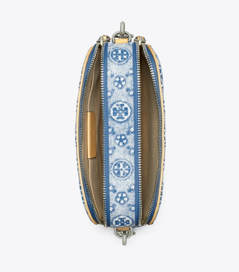 Tory Burch designer crossbody bags T Monogram Denim Mini Miller Crossbody Bag in Powder Blue angle