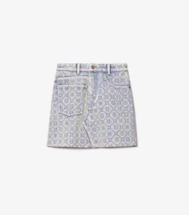 Tory Burch designer bottoms T Monogram Denim Mini Skirt in Bleached Wash T Monogram front