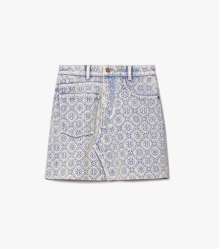 Tory Burch designer bottoms T Monogram Denim Mini Skirt in Bleached Wash T Monogram front