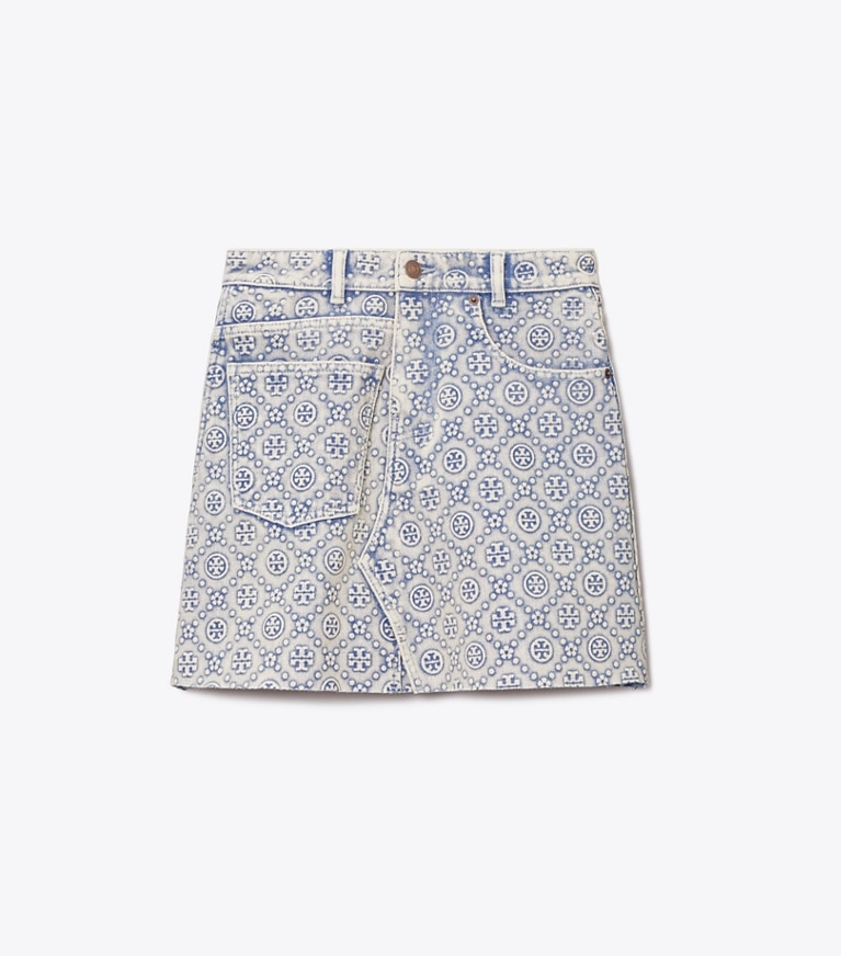 Tory Burch designer bottoms T Monogram Denim Mini Skirt in Bleached Wash T Monogram front