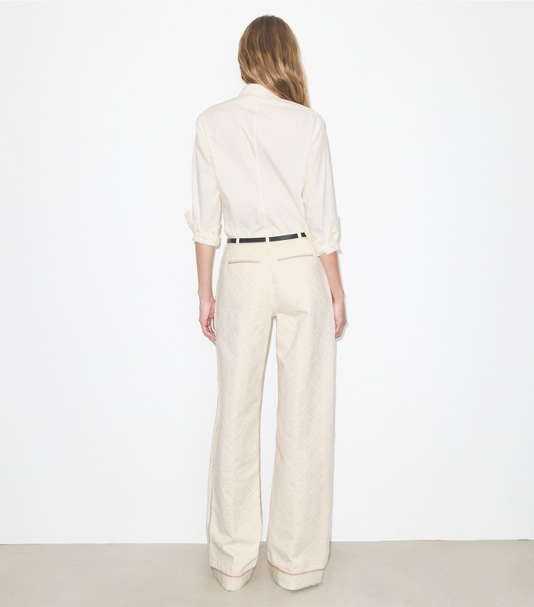 Tory Burch designer bottoms T Monogram Denim Pant in White / Ivory T Monogram on model back