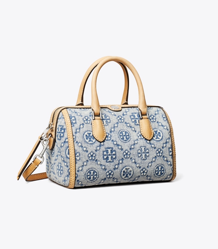 Tory Burch designer crossbody bags T Monogram Denim Petite Barrel Bag in Powder Blue angle