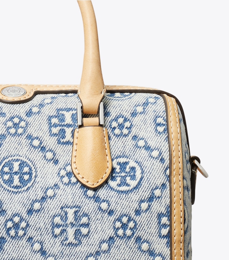 Tory Burch designer crossbody bags T Monogram Denim Petite Barrel Bag in Powder Blue detail