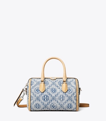 Tory Burch designer crossbody bags T Monogram Denim Petite Barrel Bag in Powder Blue front