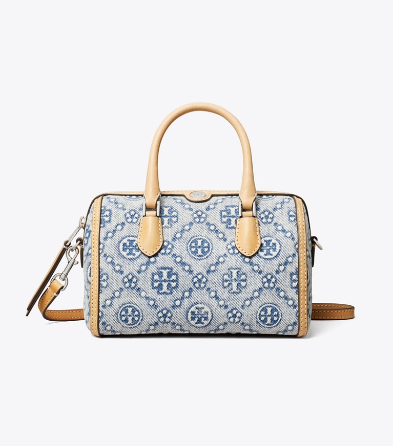 Tory Burch designer crossbody bags T Monogram Denim Petite Barrel Bag in Powder Blue front