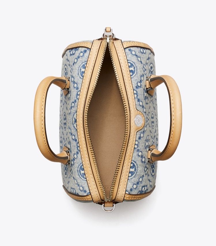 Tory Burch designer crossbody bags T Monogram Denim Petite Barrel Bag in Powder Blue overhead