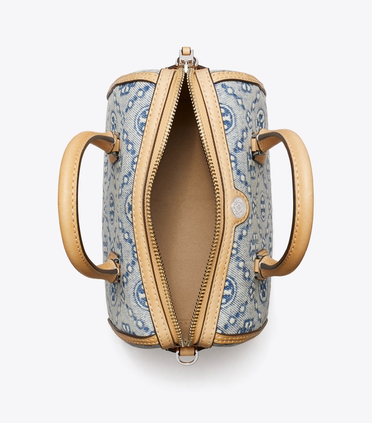 Tory Burch designer crossbody bags T Monogram Denim Petite Barrel Bag in Powder Blue overhead
