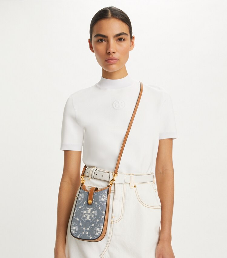 Tory Burch designer mini bags T Monogram Denim Phone Crossbody in Multi accessory on model