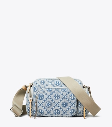 Tory Burch designer crossbody bags T Monogram Denim Pocket Crossbody in Powder Blue front