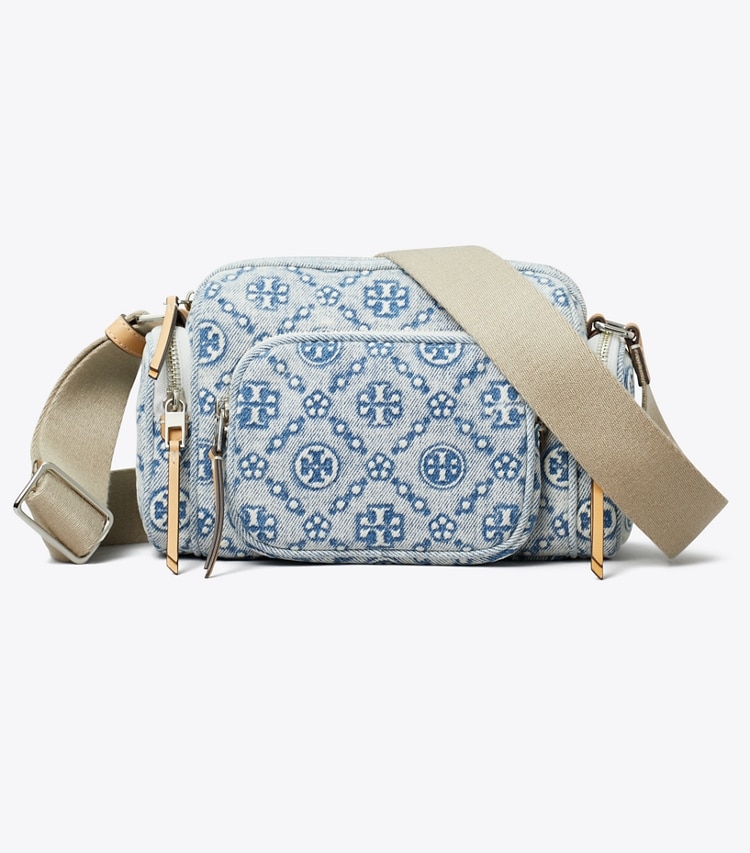 Tory Burch designer crossbody bags T Monogram Denim Pocket Crossbody in Powder Blue front