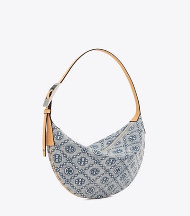 Tory Burch designer ショルダーバッグ Tモノグラム デニム スモールバルーンバッグ in Powder Blue angle