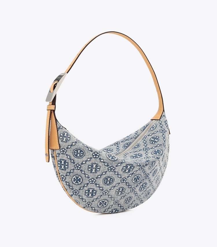 Tory Burch designer ショルダーバッグ Tモノグラム デニム スモールバルーンバッグ in Powder Blue angle