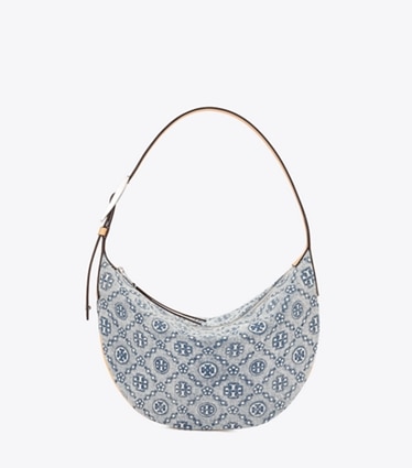 Tory Burch designer shoulder bags T Monogram Denim Small Balloon Bag in Powder Blue front