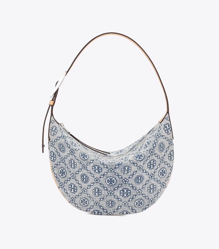 Tory Burch designer ショルダーバッグ Tモノグラム デニム スモールバルーンバッグ in Powder Blue angle