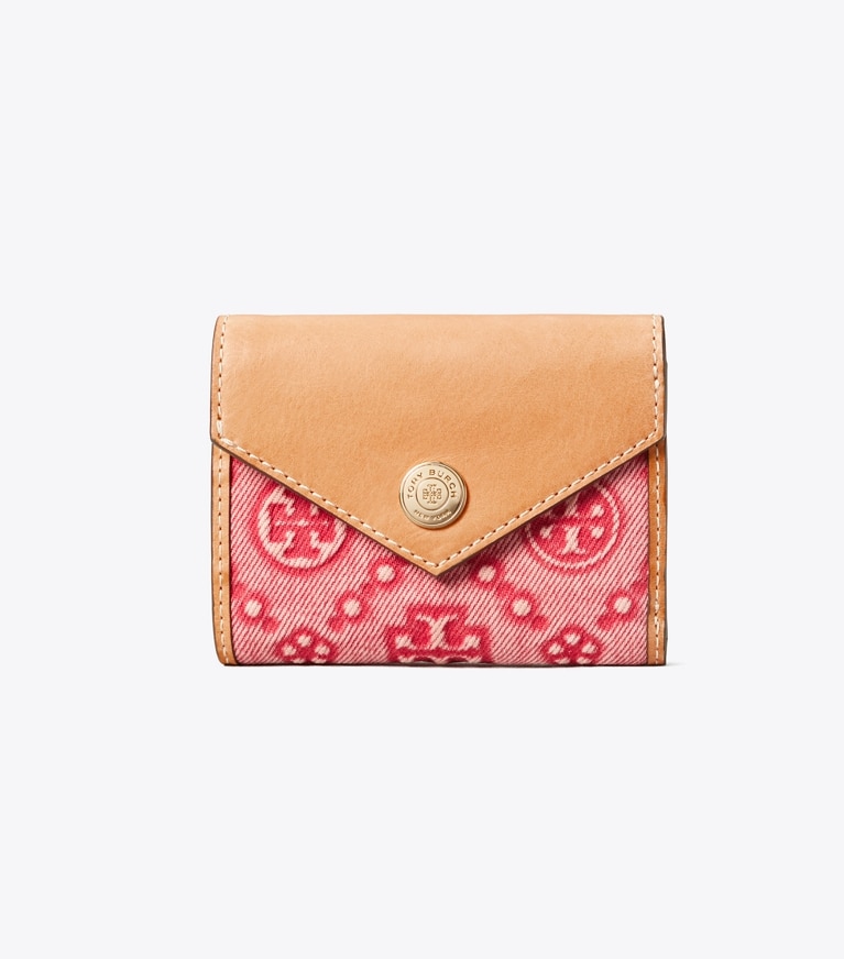 Tory Burch designer wallets T Monogram Denim Small Wallet in Brilliant Red front