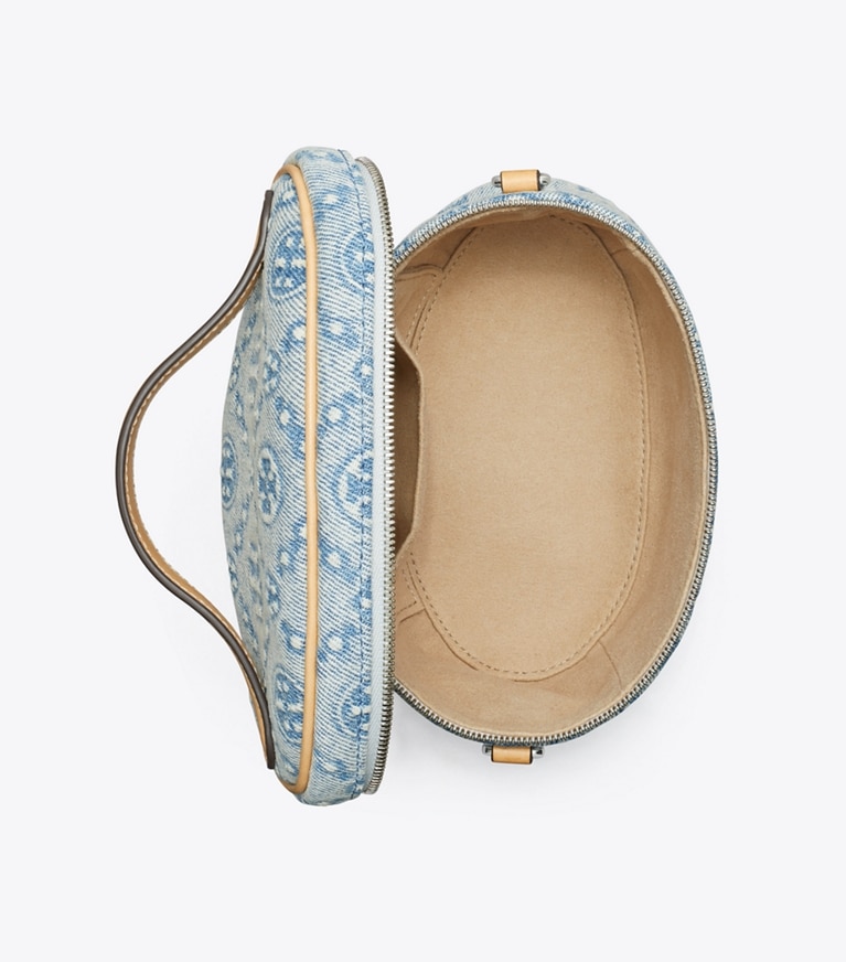 Tory Burch designer mini bags T Monogram Denim Soft Vanity Case in Powder Blue overhead