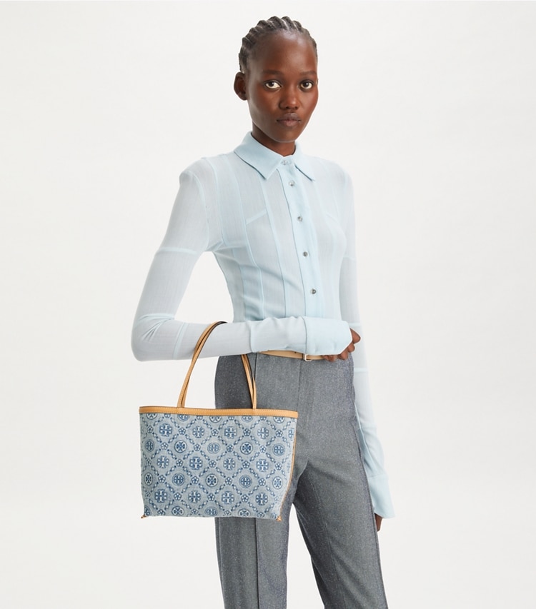 Tory Burch designer tote bags T Monogram Denim Tote in Powder Blue accessory on model
