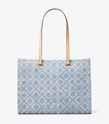 Tory Burch designer tote bags T Monogram Denim Tote in Powder Blue front