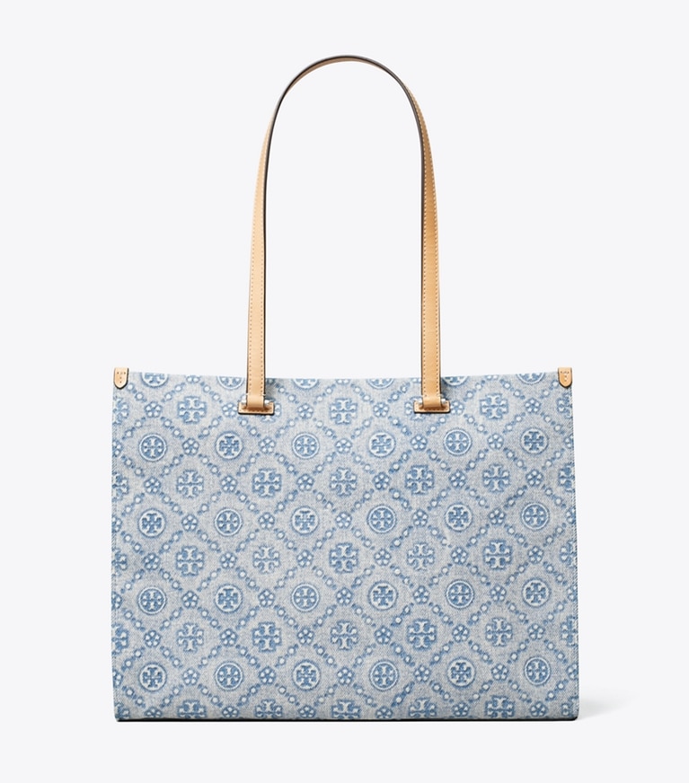 Tory Burch designer tote bags T Monogram Denim Tote in Powder Blue front