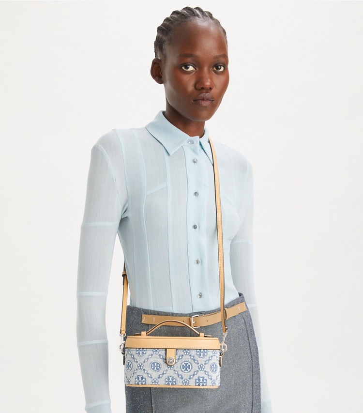 Tory Burch designer mini bags T Monogram Denim Vanity Case in Seltzer accessory on model