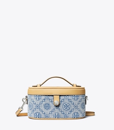 Tory Burch designer mini bags T Monogram Denim Vanity Case in Seltzer front
